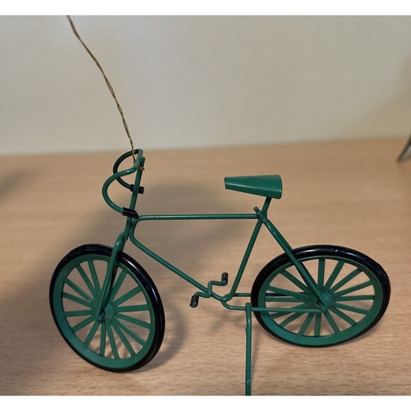 Christmas Ornament Green Metal Bicycle 4" x 5-1/2" Rider Cyclist Preowned - Picture 1 of 5